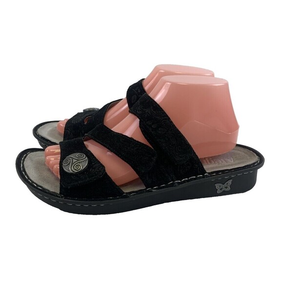 Alegria Strappy Slide Sandal Black Nubuck Embossed Slip On Womens 40 9.5 - 10 - Picture 1 of 15